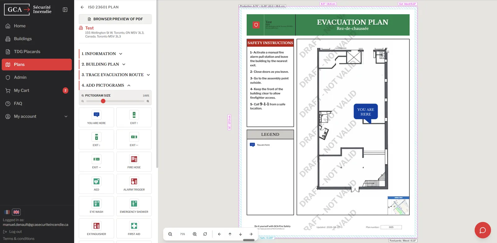 GCA app showing an evacuation plan being created, with emergency exits and standard safety symbols