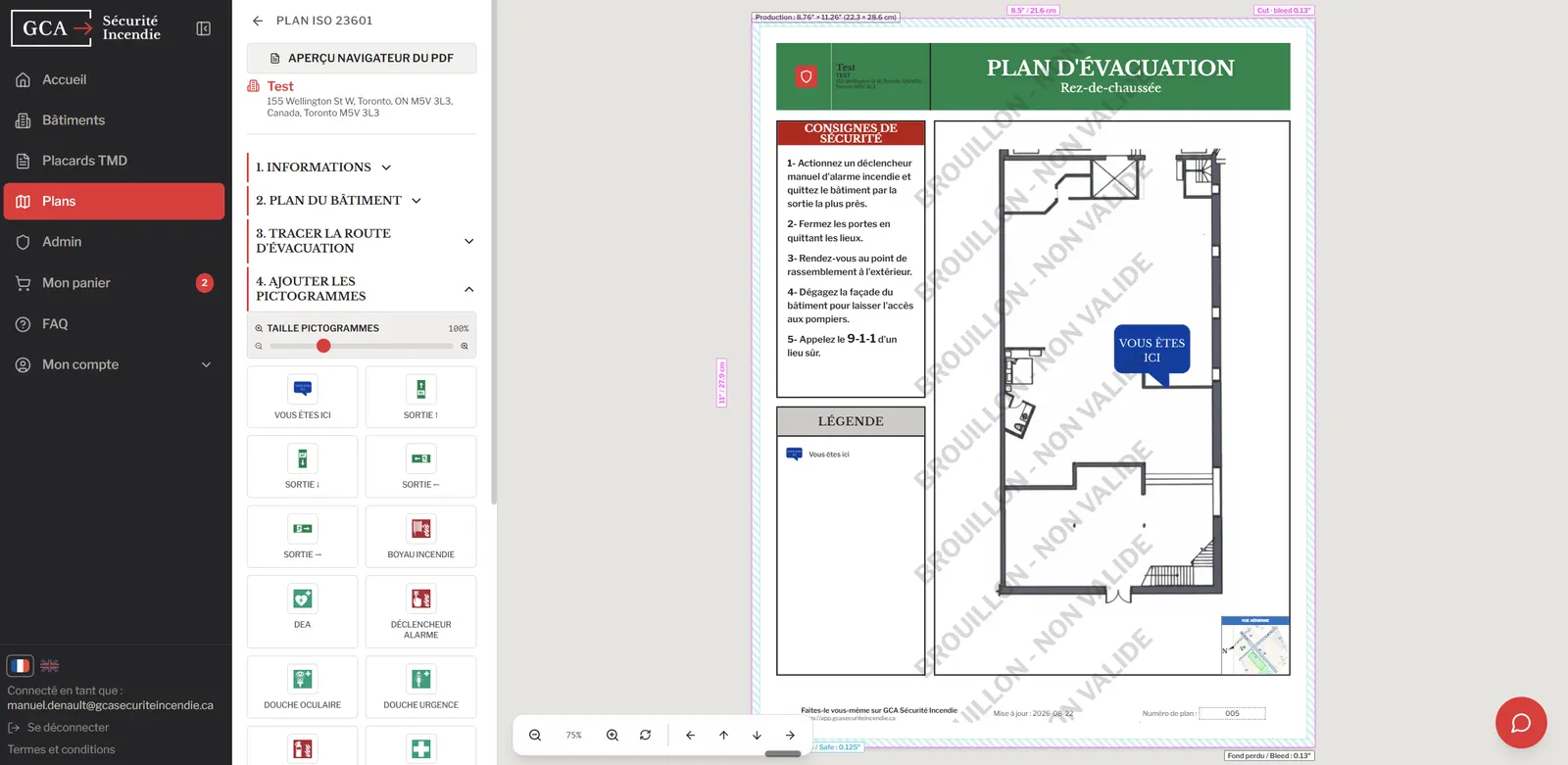 Application GCA affichant un plan d'évacuation en cours de création, avec sorties de secours et symboles normalisés